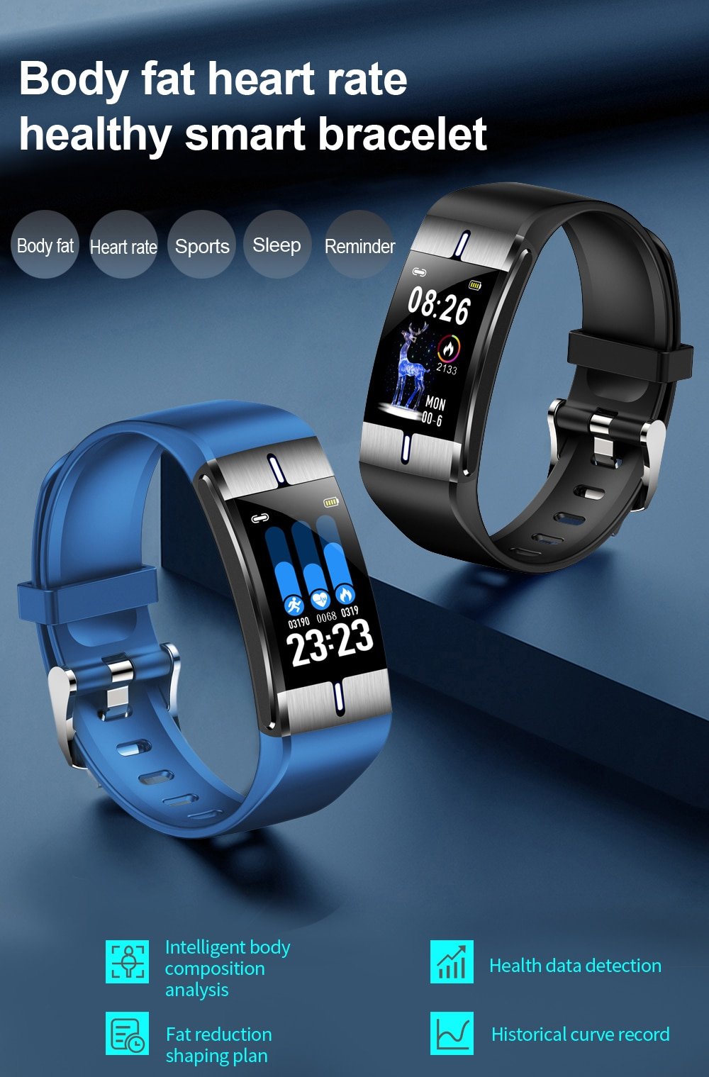 Smart Bracelet for Body Fat, BP, Heart Rate, Pedometer